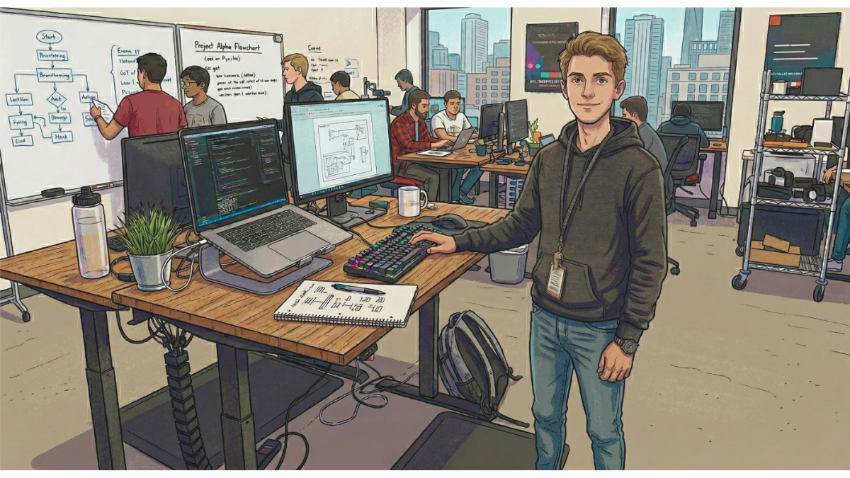 An illustrated, wide-angle shot of a vibrant, modern open-plan office where several young tech professionals are working. In the foreground, a young man with light brown hair, wearing a dark grey hoodie, jeans, and an ID badge around his neck, stands confidently behind a wooden standing desk. His desk is equipped with a laptop on a stand, an external monitor displaying a technical diagram, a mechanical keyboard with RGB lighting, and a notebook with hand-drawn flowcharts.