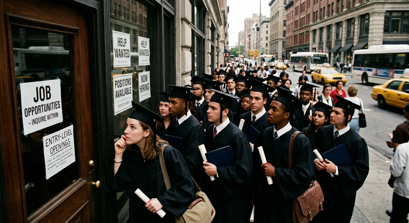 A long line of recent college graduates wearing black graduation caps and gowns and carrying diplomas stretches down a city sidewalk, queuing outside a storefront door displayed with "Help Wanted" and "Job Opportunities" signs.