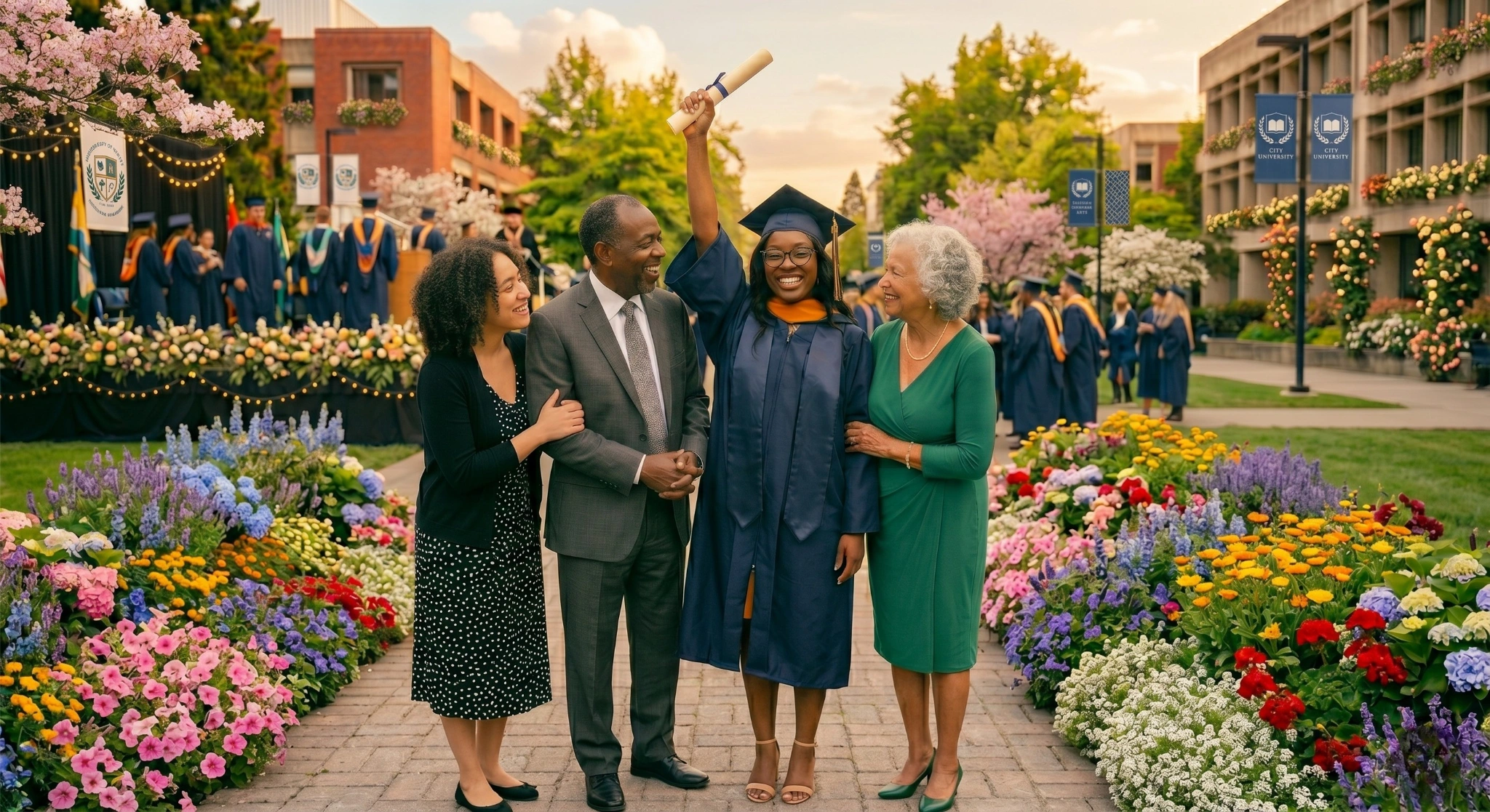 A joyful graduate in a navy blue cap and gown stands on a paved campus path, proudly holding up her diploma while surrounded by three smiling family members amidst vibrant flower beds.