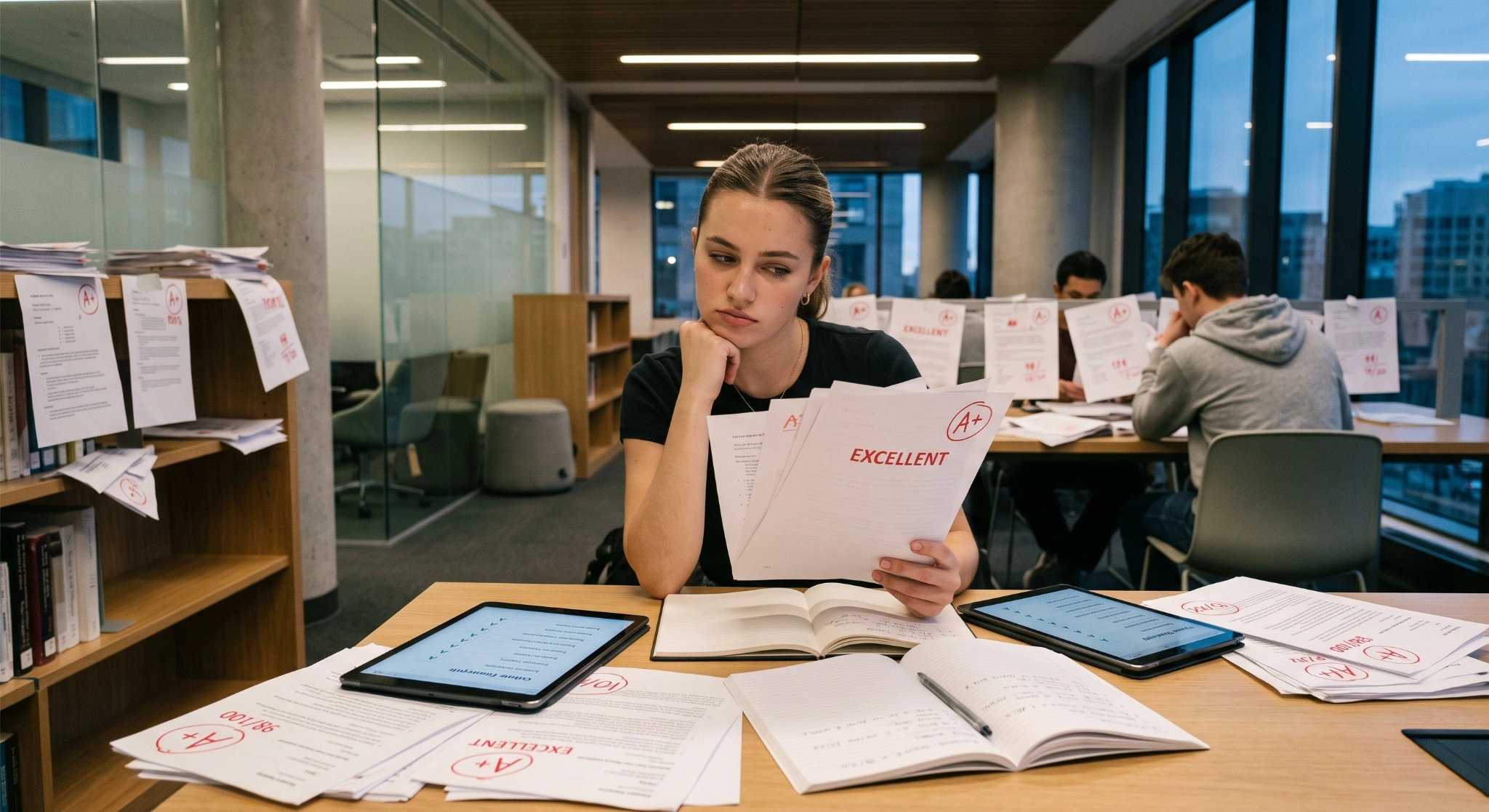 “College student reviewing graded papers marked with A’s while studying at a table in a university library.”