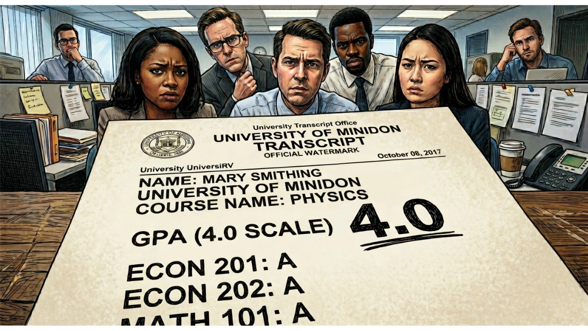 The image depicts a group of six serious-looking professionals sitting in an office environment, all focused on a document held in the foreground. The document is an official transcript from the "University of Minidon" for a student named Mary Smithing, dated October 8, 2017. It highlights a 4.0 GPA and lists grades of "A" in several courses, including Physics, Economics 201, Economics 202, and Math 101.