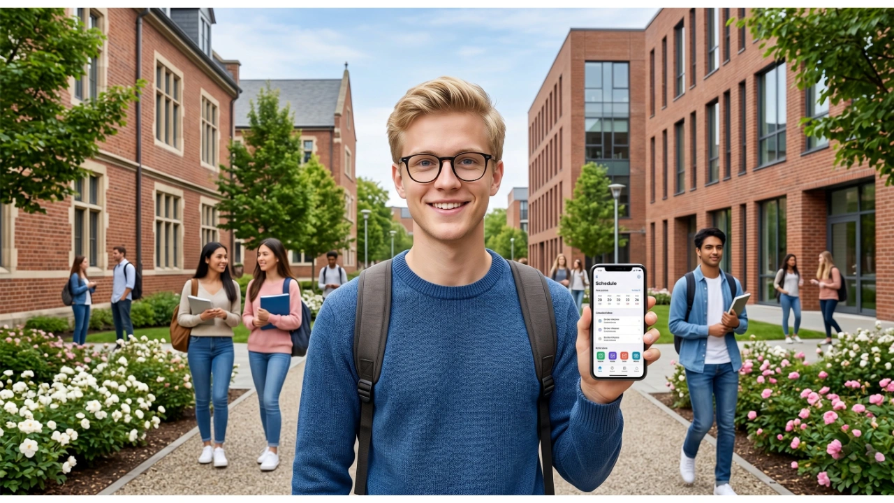 A smiling blonde male student wearing glasses and a blue sweater stands on a university campus, holding up a smartphone that displays a schedule app.