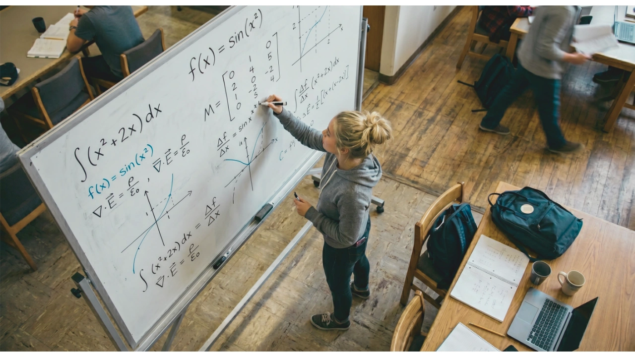A high-angle shot of a female student with her hair in a bun writing complex mathematical equations, matrices, and graphs on a large whiteboard in a classroom.