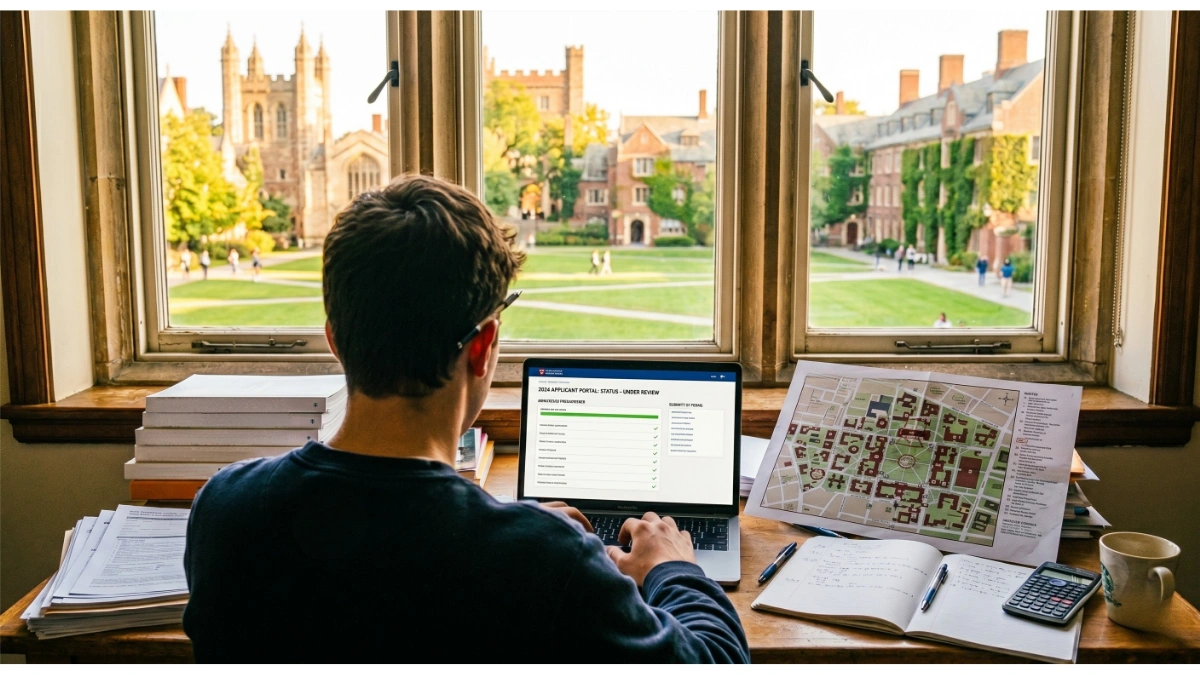 student sitting at a wooden desk facing a large window that overlooks a scenic, historic university campus with green lawns and stone buildings.  The student, seen from behind, is focused on a laptop screen that displays an "Applicant Portal" page showing an application status as "Under Review." The desk is cluttered with academic materials, including stacks of papers on the left, a printed map of the campus on the right, an open notebook with handwritten notes, a pen, a calculator, and a coffee mug. The setting suggests a student preparing for or anticipating their university admissions decision.