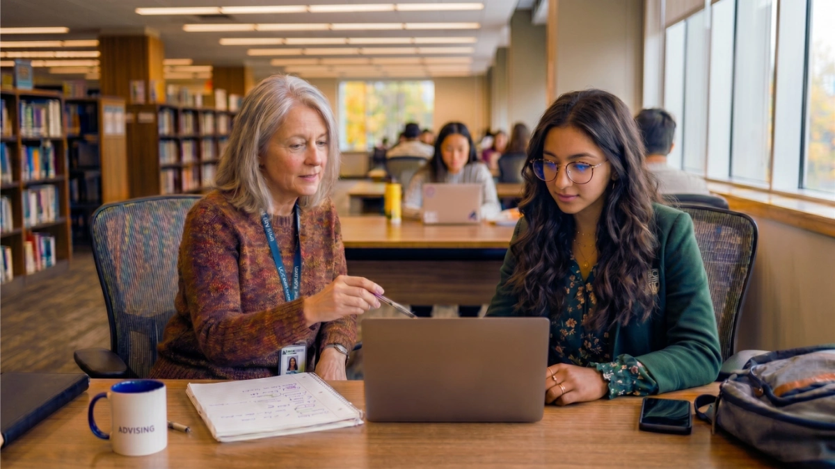 A university advisor and an international student reviewing documents on a laptop in a library setting.