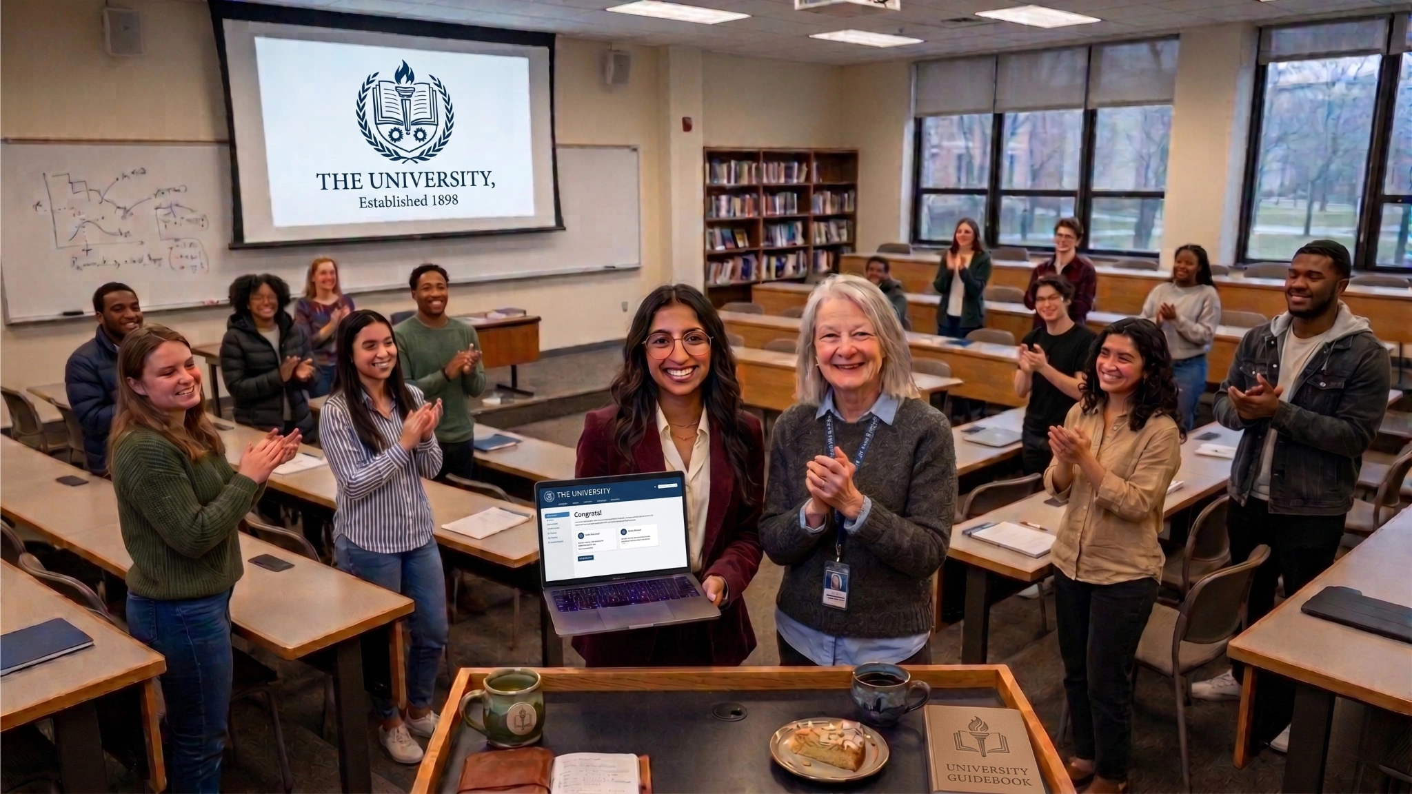 A cheerful classroom scene where a student and a faculty advisor stand together at the front, holding open a laptop showing a "Congrats!" message. The student has long dark hair and glasses, while the advisor has short gray hair. Surrounding them, a diverse group of college students stands by tiered desks, clapping in celebration. In the background, a large projection screen displays a university logo with the text "THE UNIVERSITY, Established 1898."