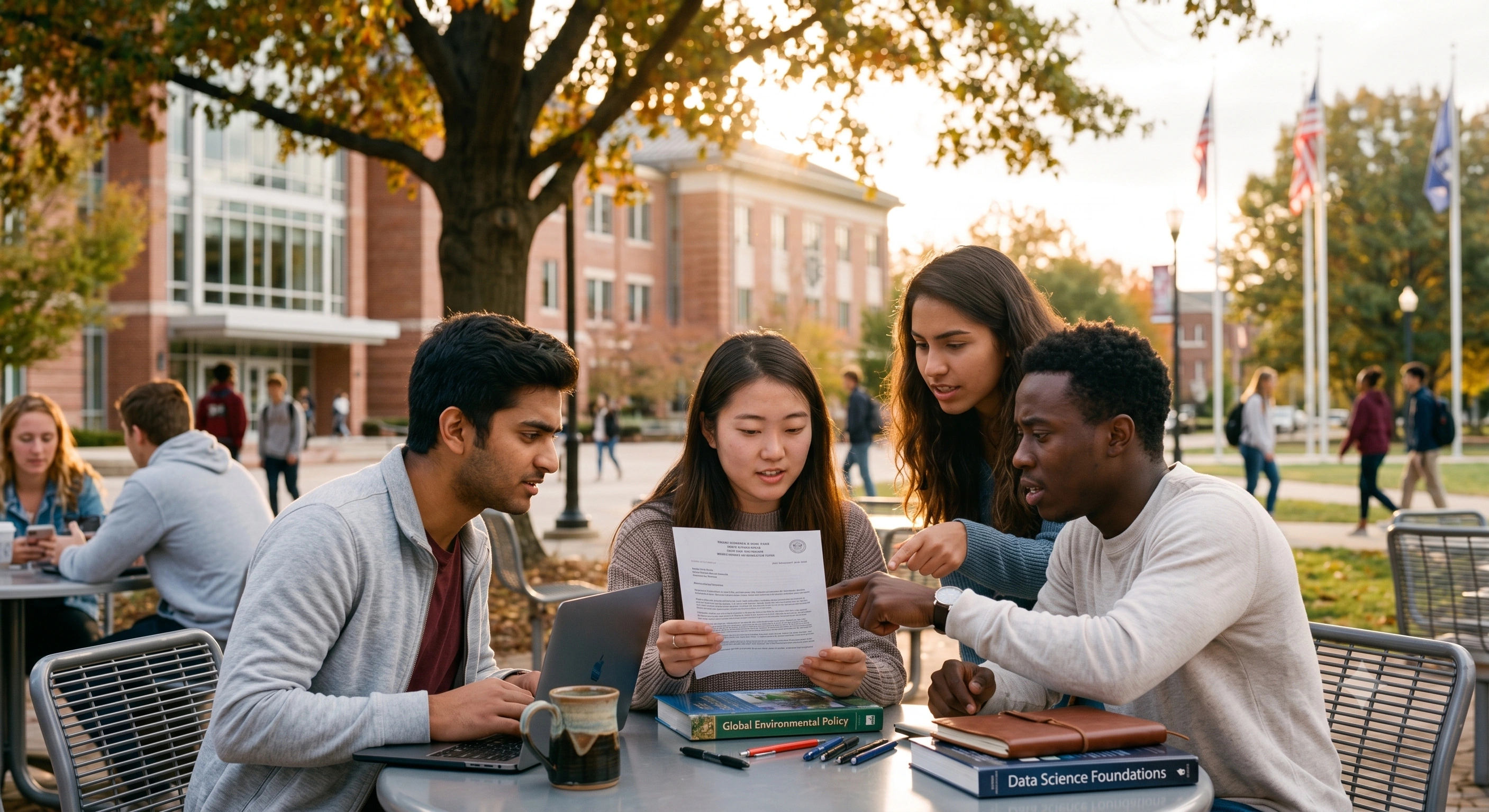 Four college students sit at an outdoor campus table reviewing a document together. One student points to the paper while another uses a laptop. Textbooks, notebooks, pens, and a coffee mug are on the table, with academic buildings, trees, and students walking across campus in the background.