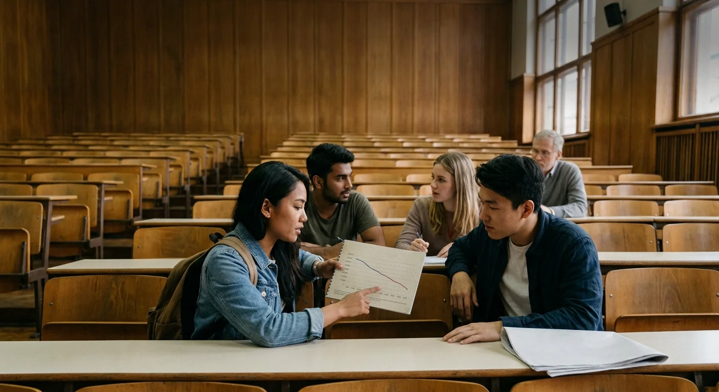 A group of four students sitting in a large, mostly empty wooden lecture hall while one points to a chart on a notepad.  Detailed description: Four students sit together at desks in a large, mostly vacant university lecture hall with wooden tiered seating and paneled walls. A woman wearing a denim jacket holds open a notebook displaying a downward line graph, pointing to the trend line while speaking to a man beside her. Two other students look on attentive in the background, while an older adult sits further back.