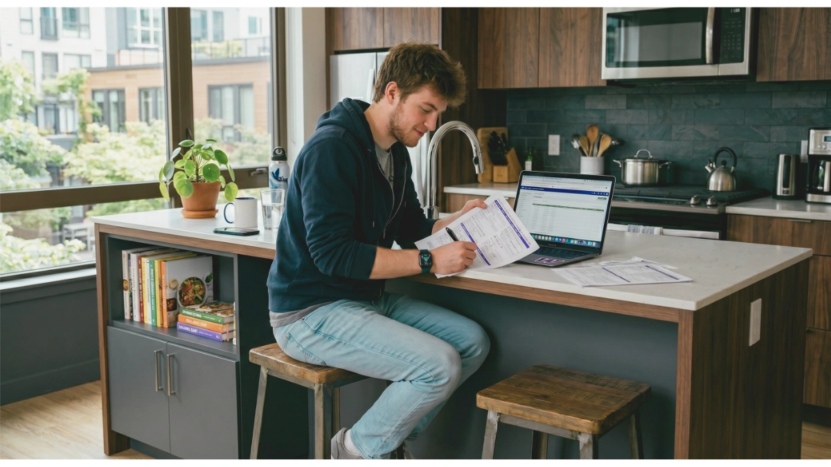 A young man sits on a wooden barstool at a kitchen island, filling out paper forms with a pen while looking at an open laptop. The modern kitchen features dark wood cabinetry, a tiled backsplash, and stainless steel appliances. A large window next to him looks out onto an urban neighborhood.