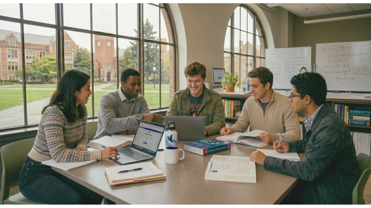 Five diverse college students sit around a large wooden table in a university library or study space, collaborating on schoolwork. Open textbooks, laptops, notebooks, and a white coffee mug are scattered across the table. In the background, large arched windows look out onto a campus quad with brick buildings, and whiteboards with text and equations stand nearby.