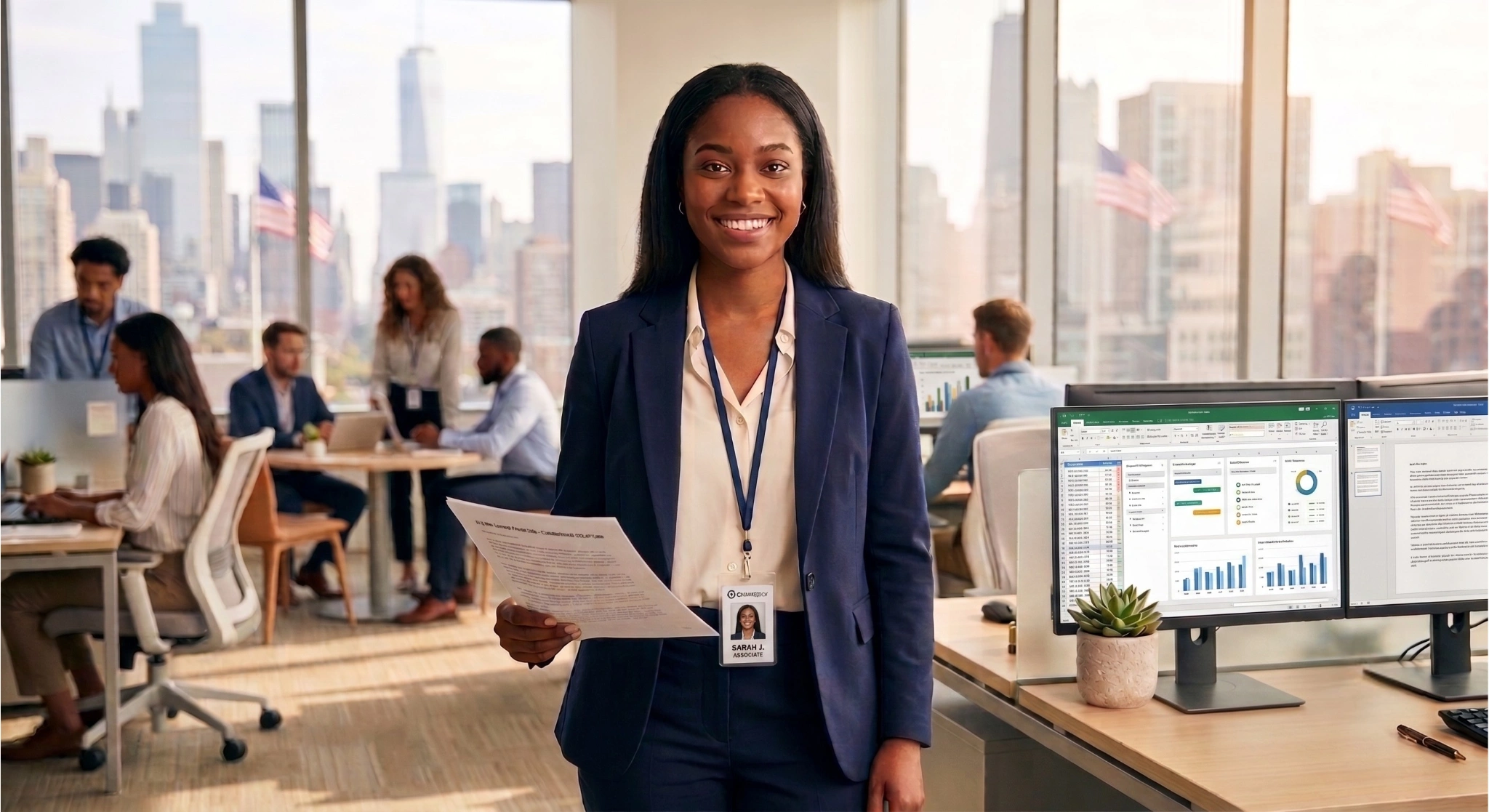 A smiling young Black woman wearing a dark blue pantsuit and an employee ID badge holding a printed document in a bright, modern corporate office. Behind her, colleagues work at desks near large windows with a city skyline view, and a dual-monitor setup showing spreadsheets sits on a desk in the foreground.
