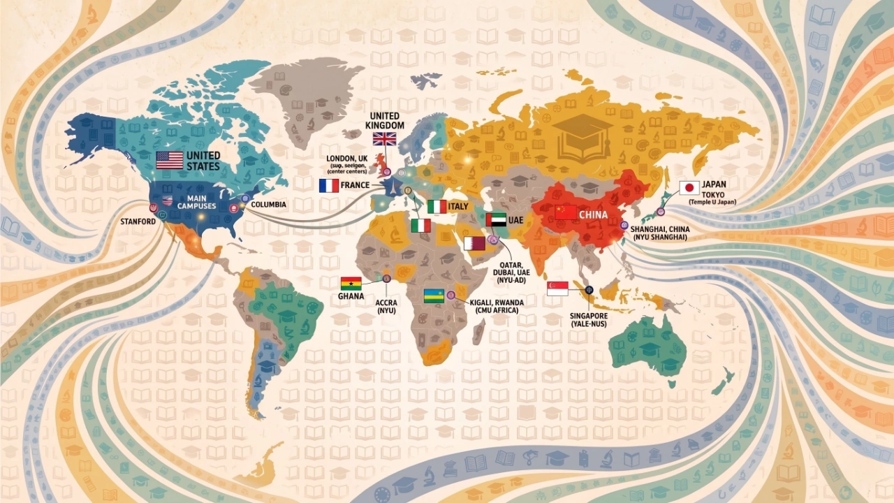A stylized world map infographic highlighting international university campuses and partnerships, featuring color-coded continents, national flags, and connecting lines linking locations like the US, Europe, Africa, Asia, and the Middle East.