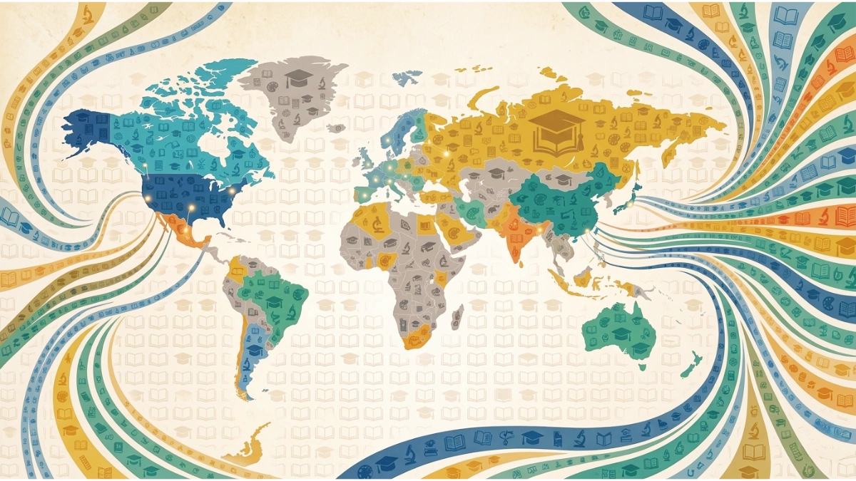 A stylized, colorful world map is presented on a cream-colored background, emphasizing global education and knowledge exchange. The map is composed of individual countries shaded in various muted tones of blue, green, yellow, and orange.