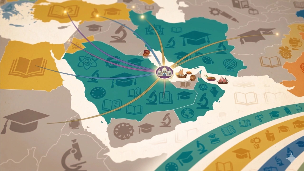 A close-up, stylized infographic map focusing on the Middle East, centered on a university hub icon in the Persian Gulf with radiating colorful lines connecting to neighboring countries.