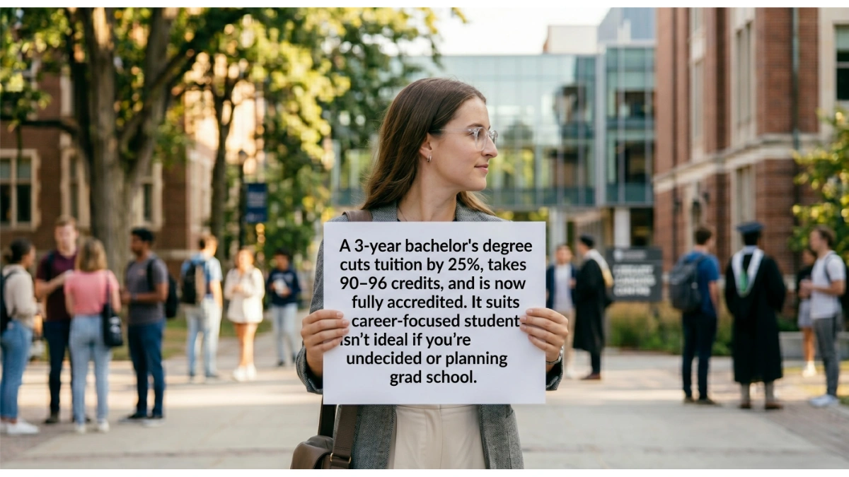 A young woman with glasses stands on a university walkway holding a large white sign in front of her. The sign reads: "A 3-year bachelor's degree cuts tuition by 25%, takes 90–96 credits, and is now fully accredited. It suits career-focused students; isn’t ideal if you’re undecided or planning grad school." In the background, other college students walk past university buildings and trees.