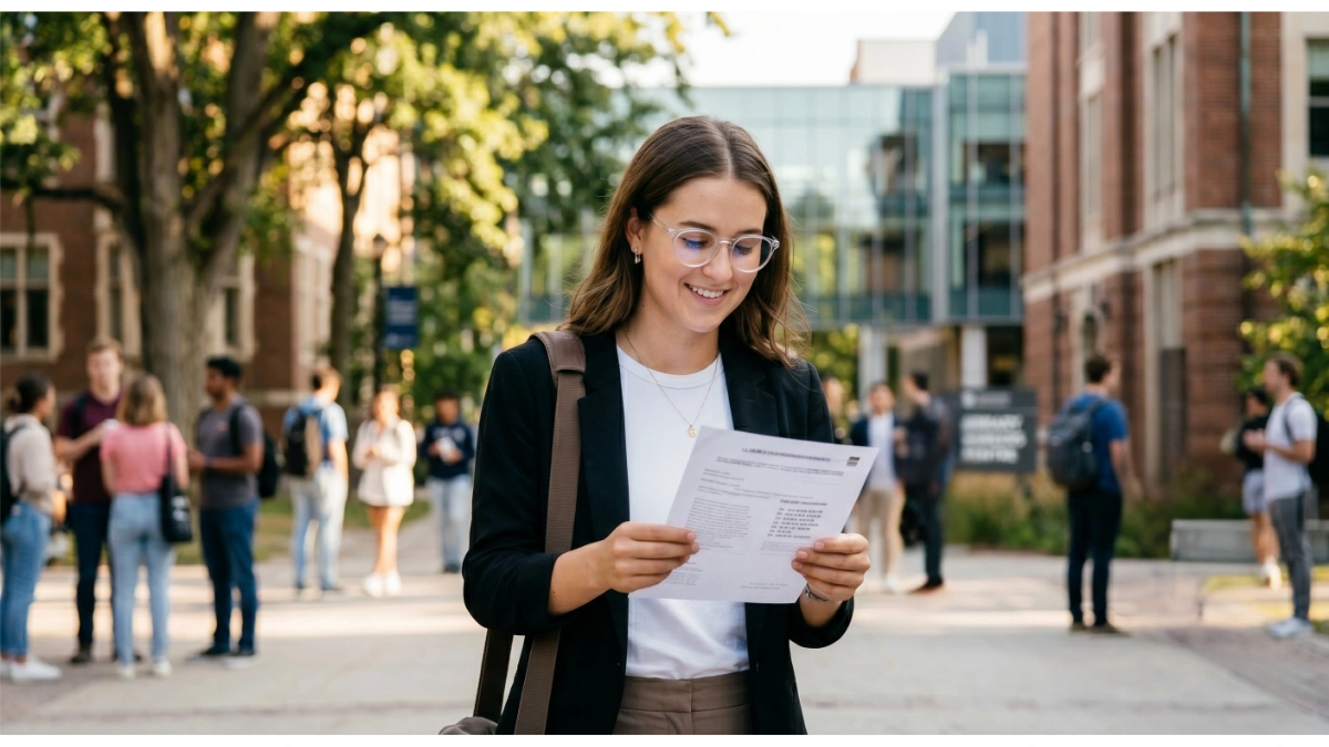 A young woman wearing glasses, a white t-shirt, and a dark blazer smiles as she reads a printed document she is holding. She is standing on a sunny campus walkway with a shoulder bag strapped across her chest. Other students and brick university buildings are blurred in the background.