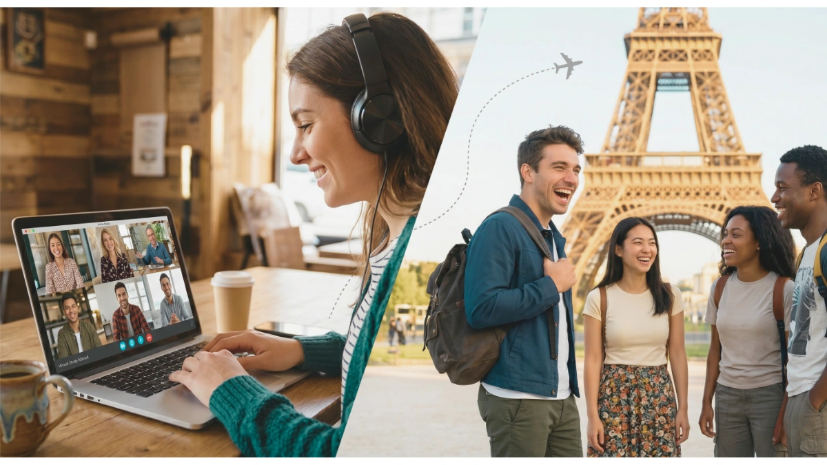 A split-screen image showing a woman smiling during a virtual study abroad group call on her laptop on the left, and a diverse group of four happy students visiting the Eiffel Tower in Paris on the right.