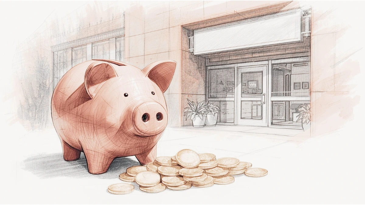A digital sketch in warm sepia tones featuring a large, classic piggy bank standing next to a pile of gold coins on a sidewalk. In the background, a storefront with large glass windows and potted plants suggests a bank or a small business. The artwork uses fine cross-hatching and soft shading to create a textured, illustrative feel.