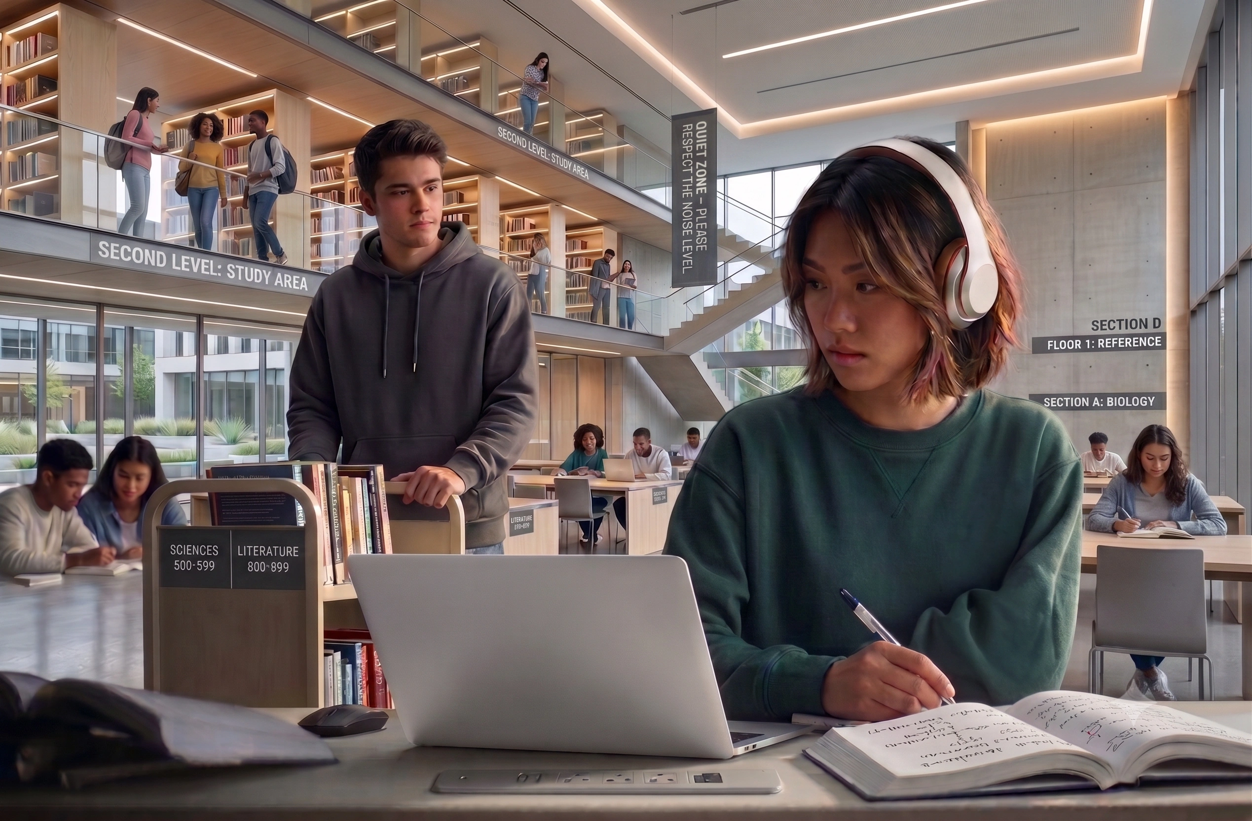 A student wearing over-ear headphones studies at a laptop and writes in a notebook inside a bright, modern university library. Other students read, browse bookshelves, and collaborate across multiple levels, illustrating a mix of quiet study and shared learning spaces.