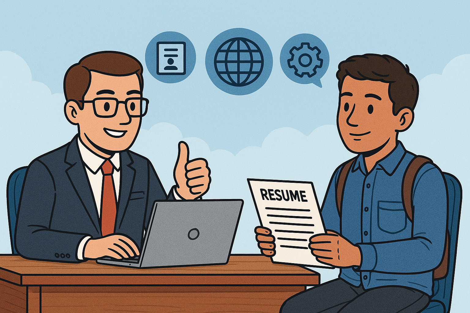 Employer sitting in an office interviewing an international college student.