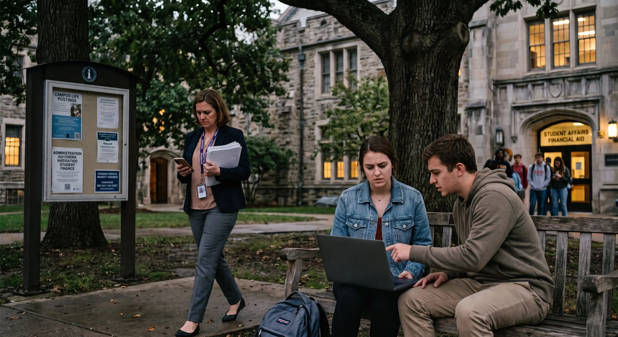 College students review a laptop on a campus bench near a financial aid office while a university staff member walks nearby.