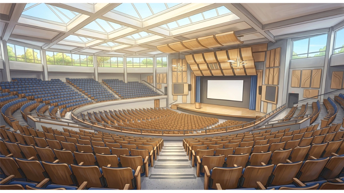 An expansive, high-angle digital illustration of a modern, semi-circular lecture hall or auditorium.
