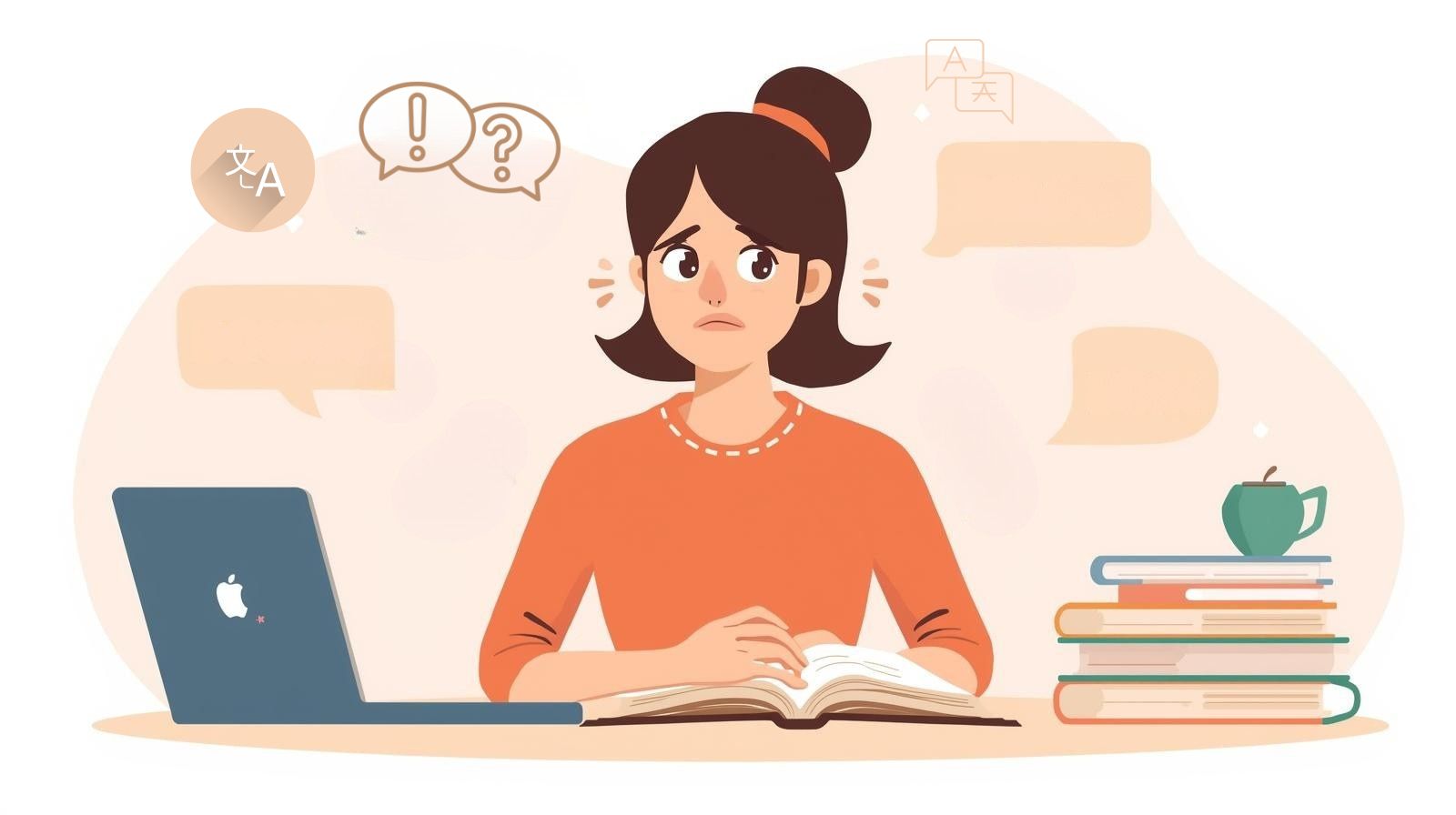 Student sitting at a desk with a laptop, looking stressed while reading or writing academic material in English, representing the mental strain of studying in a second language.