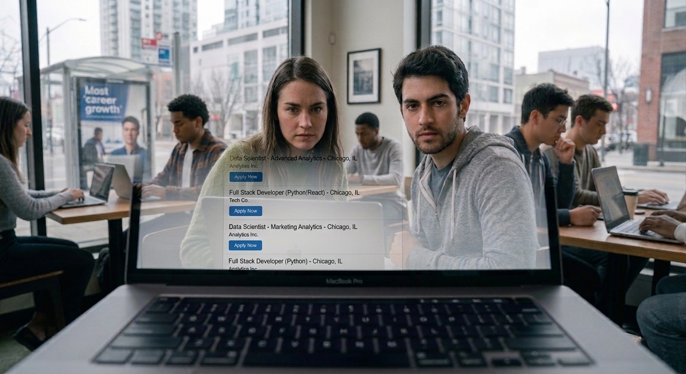 A young woman and man sitting in a coffee shop look directly through a transparent laptop screen that displays Chicago-based job listings for Data Scientist and Full Stack Developer positions.