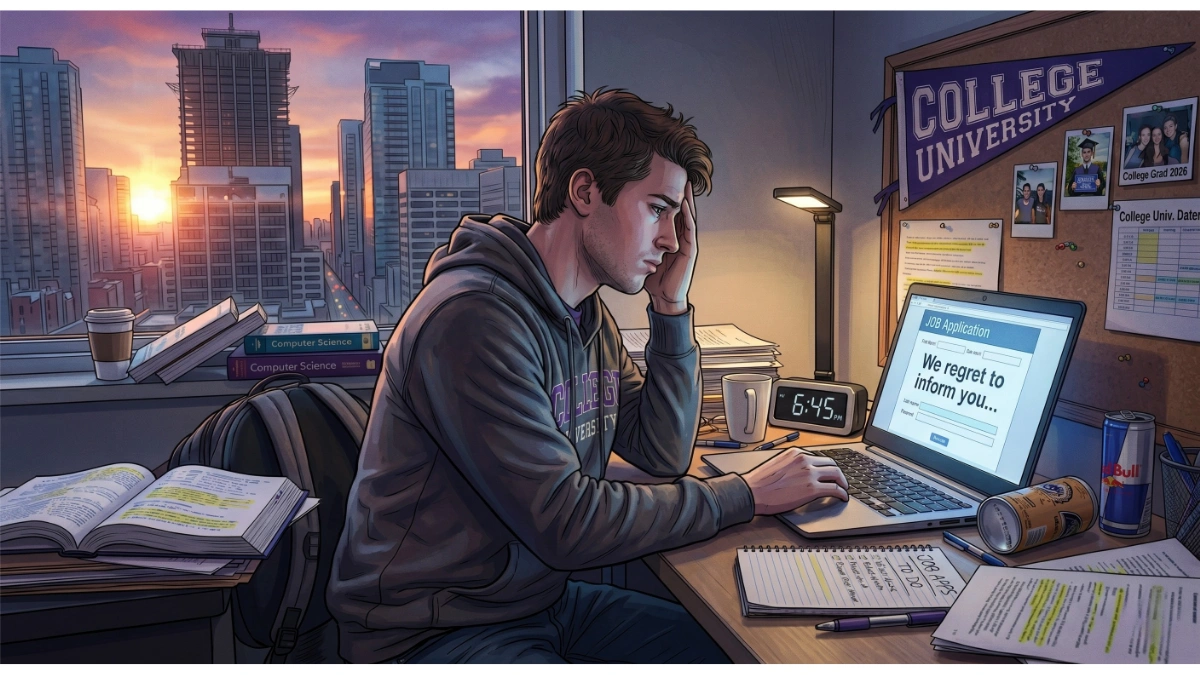 An illustration depicting a stressed student sitting at a desk in a dimly lit room at sunset. The student, wearing a hoodie, has one hand on their forehead, appearing overwhelmed as they look at their laptop screen, which displays a rejection letter for a job application. The desk is cluttered with textbooks, notebooks, a to-do list, a coffee cup, and an energy drink. Outside the window, a city skyline is visible during sunset. On the wall behind the desk, there is a college pennant and photos of graduation, suggesting the student has recently finished their studies.