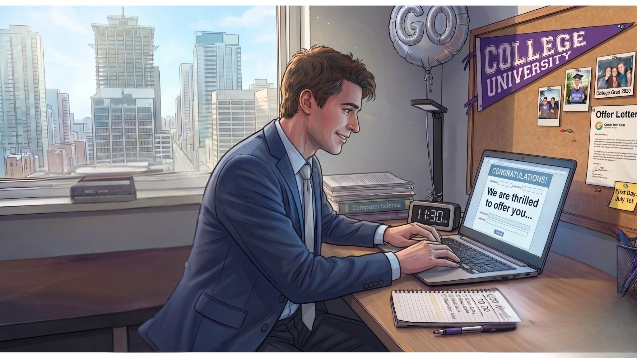 An image depicting a happy and successful young male college graduate sitting at his desk in a high-rise room, celebrating a job offer. This image serves as a positive contrast to a previous scene of rejection.