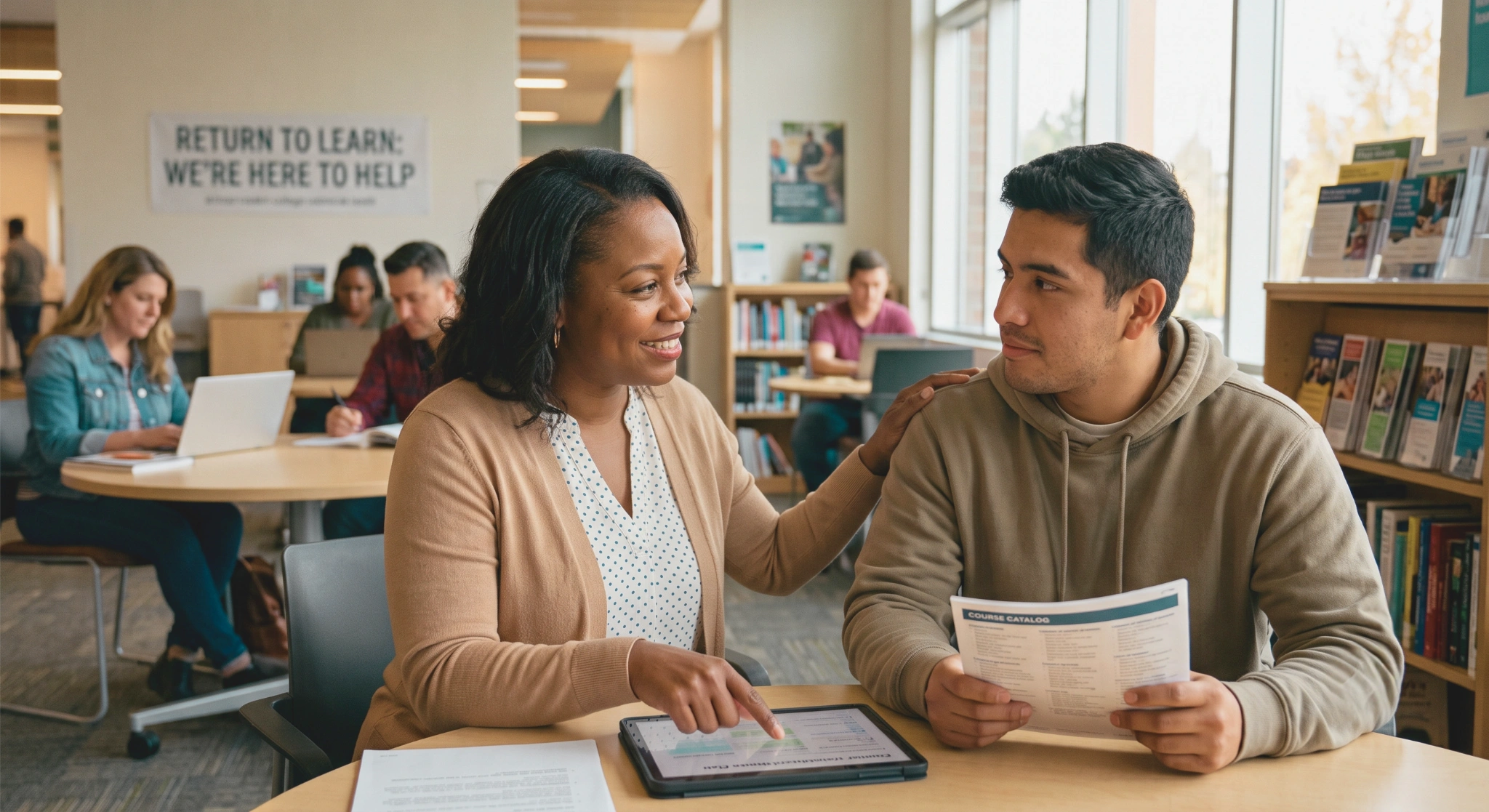 A female academic counselor sitting at a table with a male student in a bright college library setting. She places a supportive hand on his shoulder while pointing at a tablet displaying an educational plan. The student holds a sheet labeled "Course Catalog." In the background, other students work on laptops beneath a wall banner that reads "RETURN TO LEARN: WE'RE HERE TO HELP."