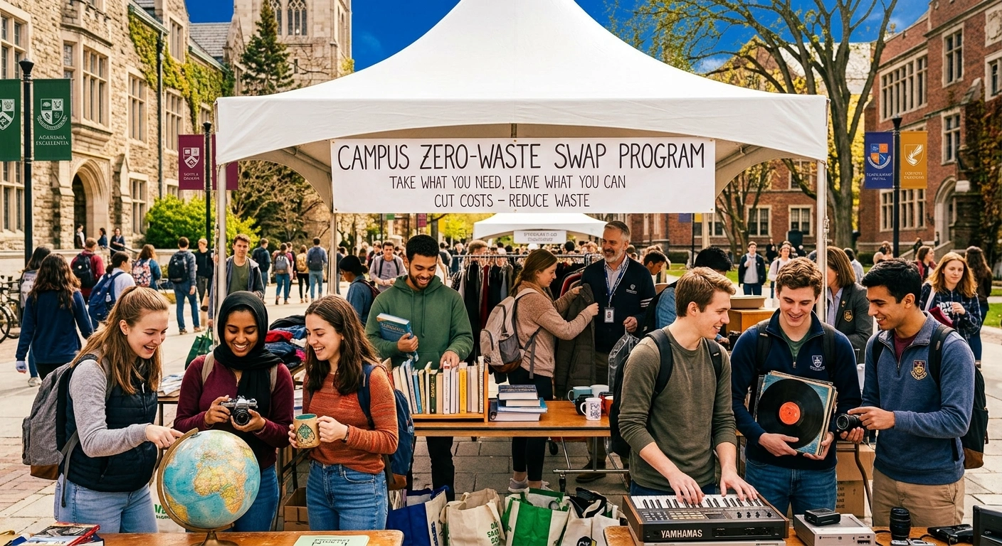 Outdoor scene on a university campus featuring a large white event tent with a banner reading "CAMPUS ZERO-WASTE SWAP PROGRAM: TAKE WHAT YOU NEED, LEAVE WHAT YOU CAN - CUT COSTS - REDUCE WASTE." A group of diverse college students is gathered under and around the tent browsing reusable items. In the foreground, students interact with various items on tables, including a globe, a vintage camera, books, a electronic keyboard, and vinyl records. Historic collegiate brick buildings stand in the background under a clear blue sky.